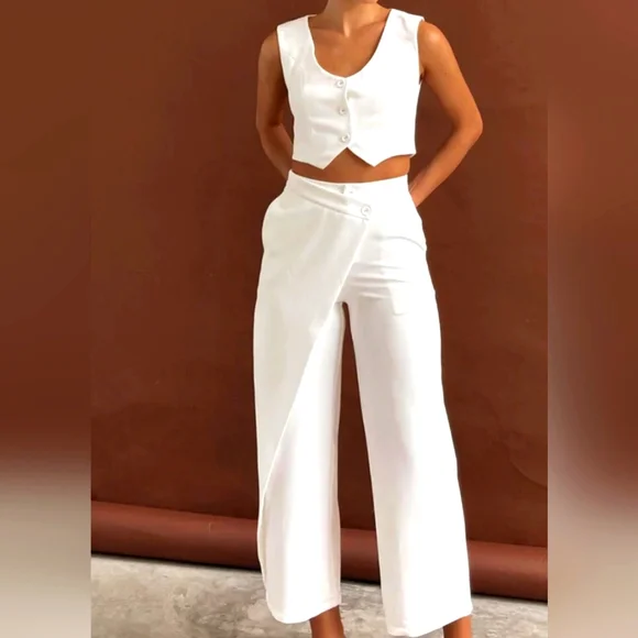 COMMENSE Solid Wet Asymetrical Straight Leg Pants Set Sz L NWT - Picture 1 of 13